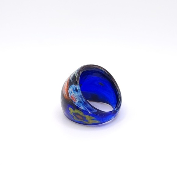 Murano Style Hand Blown Glass Ring Women's Blue Art Floral Design Boho Size 6 - Picture 9 of 14